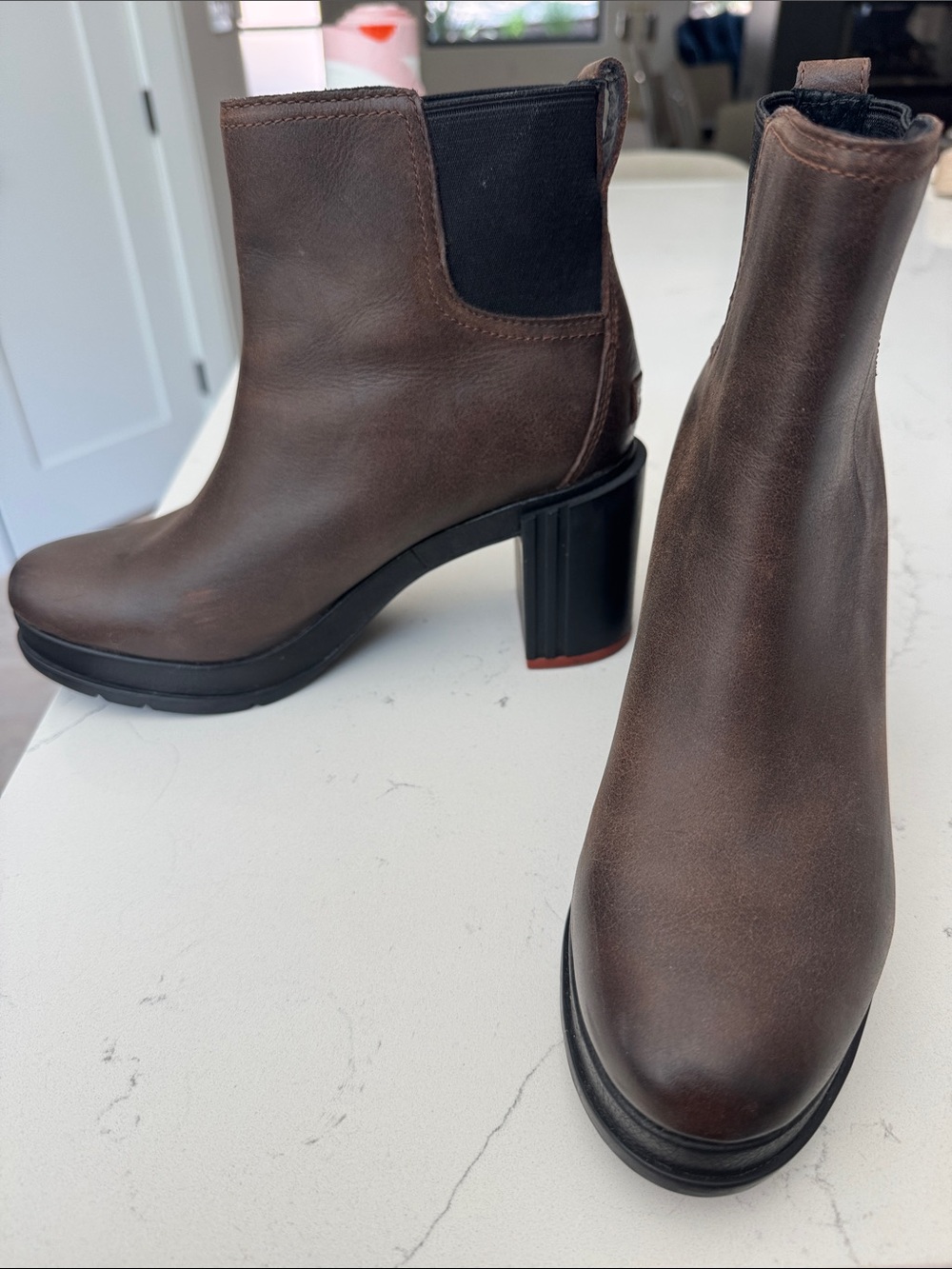 Soren Brown Leather platform Chelsea Block Heel Boots -Waterproof